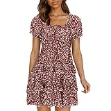 Damen Freizeitkleid A Linien Blumen Puff Ärmel Sommerkleid Kordelzug Gerafft Kurze Kleider Rundhalsausschnitt Blumenmuster Minikleid Kurzarm Volant C