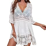 HAIGOU Damen Spitze Strandkleid V-Ausschnitt Badeanzug Strandkleid Transparent Strandponcho Bikini Cover-Up