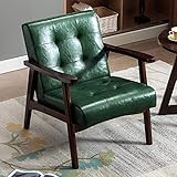 Retro Holzsessel Wohnzimmer Massivholz Sessel Gepolsterter Sessel Lounge Sessel mit Armlehnen mittelalterlicher Holzrahmen Designstuhl aus Kunstleder und Eiche für Schlafzimmer Café Balkon Grü