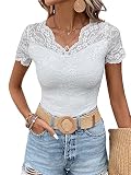 GORGLITTER Damen Elegant Spitzen T-Shirt V-Ausschnitt Oberteil Slim Fit Tops Kurzarmshirt mit Muscheln Vollweiß M