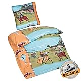 Aminata Kids Ritter Bettwäsche 135 x 200 cm + 80 x 80 cm aus Baumwolle mit Reißverschluss, unsere Kinderbettwäsche mit Ritterburg-Motiv ist weich und kuschelig