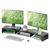 BONTEC Monitorständer Holz, Dual Monitor Stand Riser mit Handyhalter, Verstellbare Länge und Schwenkwinkel, Ergonomischer Monitorständer für 2 Monitore, Für Büro und Heimarb
