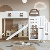LAKFEW Hochbett Kinderbett 90x200 cm mit Fenster, Bett mit Stauraum und Schließfächer, Einzelbett mit Treppen und Rausfallschutz, Jugendbett mit Lattenrost, Ohne Matratze, Weiß+B