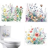 3 Stück WC Deckel Aufkleber, Klodeckel Aufkleber PVC Wasserdicht Toilettendeckel Aufkleber Blumen und Gras Wandaufkleber Deko für Küche Bad Kühlschrank Möbel Tü