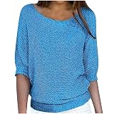 tsaChick Damen Tshirt Sommer Shirt V Ausschnitt Damen Rundkragen Damen Shirt Elegant Elegante Blusen 3/4 Ärmel Strandhemd Damen Damen Bluse Kurzarm Shirt Mit Gummizug Am Saum Damen 2024 Neu B4397