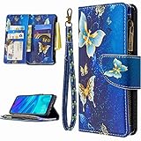 Miagon 9 Kartensteckplätzen Lederhülle für Xiaomi Mi Note 10,Bunt Reißverschluss Flip Hülle Wallet Case Handyhülle PU Leder Tasche Schutzhülle,Gold Schmetterling