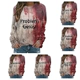 Halloween Tshirt Damen Langarm, I'm FINE Blood Bedrucktes Halloween Pullover Damen Langarm Rundhals Bluse mit 3D Blutigem Aufdruck Oversize Problem Gelöst Sw