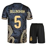 KISRAS R. Madrid Jude Bellingham #5 Retro Black Dragon Limitierte Sonderedition Seltenes Fußball Kinder Trikot Shorts Set Jugendgrößen (Schwarz,164)