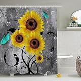 JUZGTSIT Grauer Duschvorhang für Badezimmer, gelbe Sonnenblumen, botanische Pflanzen, Wohnmobilstand, Bauernhaus-Dekoration, schwarze Blätter, Schmetterlinge, Stoff, Badewannen-Duschvorhänge, 183 x