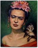 KTGEDH Frida Kahlo Print Art, Canvas Artwork Wall Decoration, Funny Monkey and Flower Woman Frida Kahlo Self-Portrait Oil Painting, Frameless Painting Poster, Home Decor,70×90