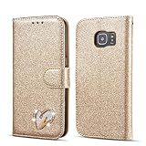 QLTYPRI Samsung Galaxy S7 Edge Hülle, Glitzer Handyhülle PU Ledertasche TPU Etui Handschlaufe Kartenfach mit Eingelegten Liebe Herz Diamond Flip Schutzhülle für Samsung Galaxy S7 Edge - G