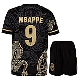 KISRAS R. Madrid Mbappe #9 Retro Goldener Schwarzer Drache Limitierte Sonderedition Seltenes Fußball Kinder Trikot Shorts Set Jugendgrößen. (Schwarz,164)