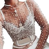 Myazs Damen Langarm-Oberteil aus durchsichtigem Netzstoff, glänzende Perlen für Strass, O-Ausschnitt, Pullover, Hemd, Bluse, schmale Abdeckung, Party, Club, Frauen, Vertuschung, Party, Clubwear, weiß,