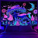 Yrendenge Schwarzlicht Pilz Wandteppich UV Mond Pilze Wandtuch, Fluoreszierend Pflanzen Sternenhimmel Wandteppich Aesthetic Wandbehang für Schlafzimmer Schlafsaal 59 * 51 inch (150 * 130cm)