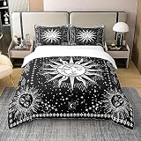 100% Bio Baumwolle Sonne und Mond Bettbezug,Psychedelic Mystic Galaxy Bettwäsche Set 220x240,Sternenhimmel Bettbezug,Bohemian Constellation Stars Bettsets mit 2 Kissenbezüge,Weiß Schw
