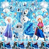 Froze Geburtstagsdeko 4 Jahre, 52 Stück Els Geburtstagsparty Deko Set, Eiskönigin Geburtstagsdeko, Els Ballon, Els Folienballon, Froze Tortendeko, Fahnen, Tischdecken, für Kindergeburtstag