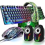 kabelgebundene Gaming-Tastatur mit Regenbogen-Hintergrundbeleuchtung, USB-Tastatur+2400 DPI optische Regenbogen-LED-Gaming-Maus+Gaming-Headset+RGB-Lautsprecher+Mauspads für Computer/PC (schwarz)