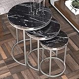 [en.casa] Satztisch Bornholm Beistelltisch im 3er Set Kaffeetisch mit Hairpinlegs für Wohnzimmer 3-TLG. aus Metall und Spanplatte rund Marmor, schw