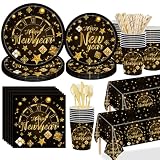 JUMUU Happy New Year Partyzubehör Geschirr-Set, serviert 16 Gäste, einschließlich Neujahrsteller, Tassen, Servietten, Gabeln, Messer, Löffel, Tischdecke für Schwarz-Goldjahr-Party-Dekoration (Happy
