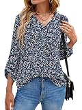 Yommay Langarm V Ausschnitt 3/4 Sleeve Oberteil Shirts Basic Casual Langarmshirts Ladies Chiffon Tops Longshirt(Flower Navy Blau,EU XL)