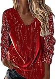 Damen Sexy V-Ausschnitt Blusen Festliche Elegant Silvester Outfit Pailletten Oberteil Modern Casual mit Glitzer Oberteile Herbst Winter Große Größen Langarm Tunika Tops Longshirt Festliche B