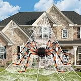 BOSONER Halloween Deko Outdoor Spinne Groß: Horror Deko Garten 127cm Riesenspinne Set with 50cm Dreieckiges Riesen Spinnennetz - Gruselige Dehnbares Riesen Spinne (Orange und Schwarz)