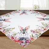 KAMACA Tischdecke Frühling Ostern Blumen Hasen Dekor Osterhasen Ostereier Bunt Waschbar Küche Esstisch Tisch Dekoration (85x85 Süßer Hase)