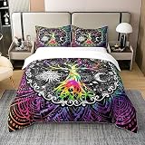 Trippy Sonne und Mond Gewaschene Baumwolle Bettbezug 135x200,Schwarz und Weiß Bettwäsche Set für Kinder Warm,Psychedelic Baum Des Lebens Tröster Abdeckung Cozy,Galaxy Sterne Mandala Tribal Quilt C