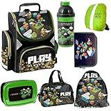 Schulranzen set jungen 1. klasse 7-teilig Ranzen Tornister Schulrucksack Federmappe Turnbeutel Turnsack Brotdose Trinkflasche Sporttasche Regenschutz Game Pixel Motiv mäpp